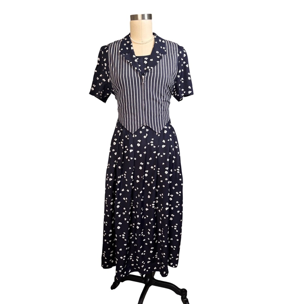 Vintage Floral Stripe Karin Stevens Midi Dress 12 Navy Blue